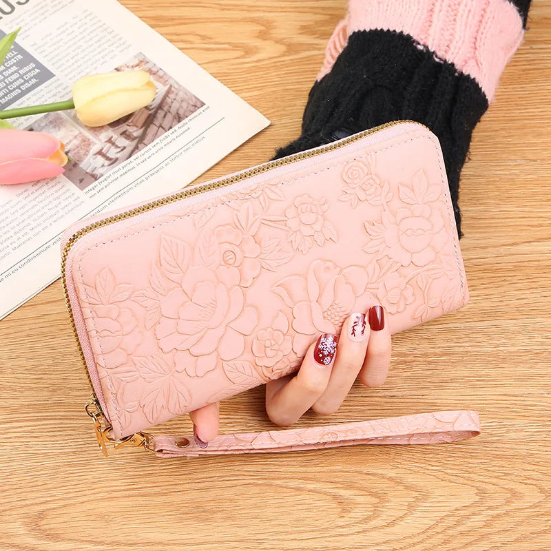 2026 New Floral Embossed Long Wallet PU Leather Credit Card Holder Simple Trendy Phone Bag Coin Purse for Women Hand-held Wallet