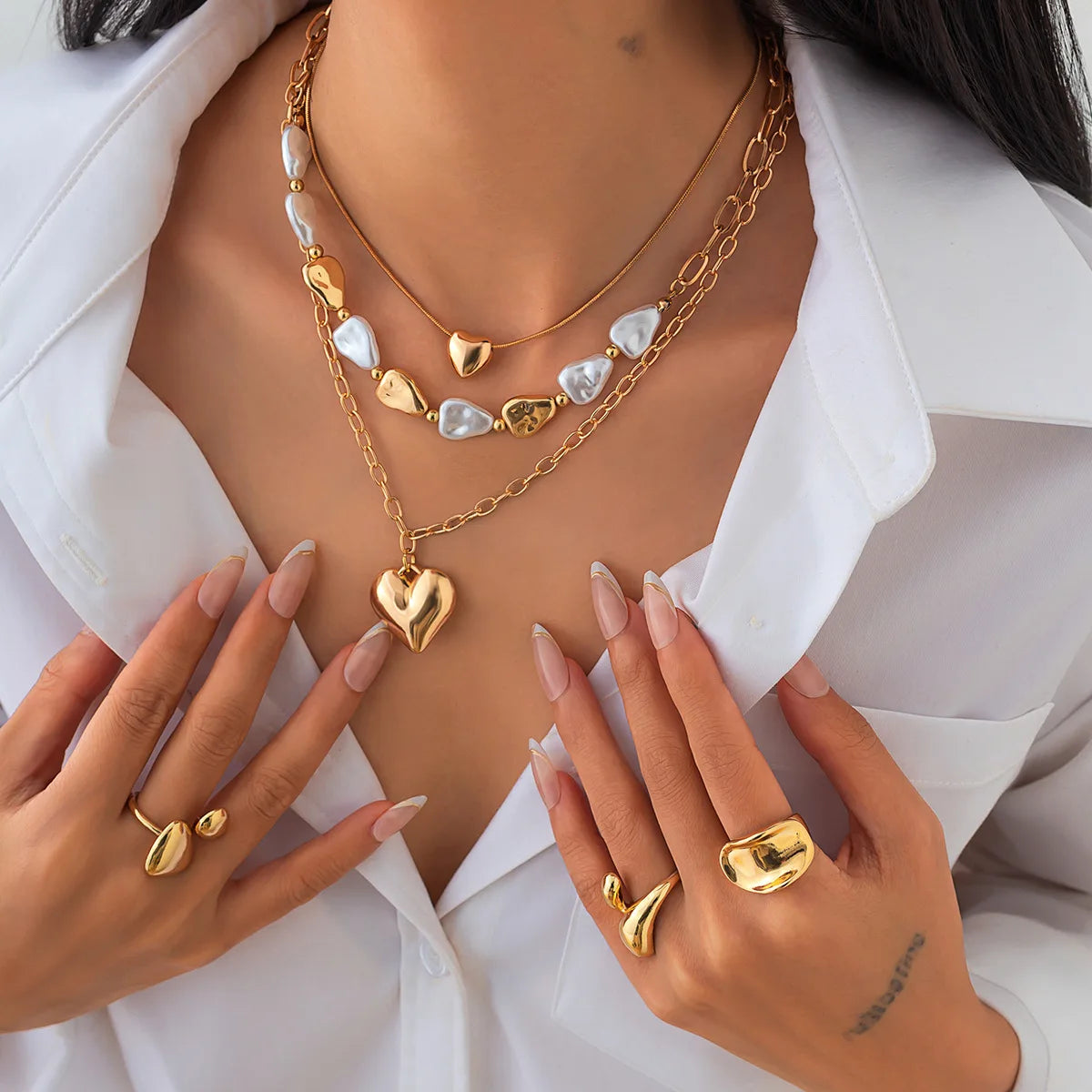 3pcs/set Multilayer Baroque Imitation Pearl Choker Necklace for Women New Trend Simple Love Heart Pendant Necklace Jewelry Gifts