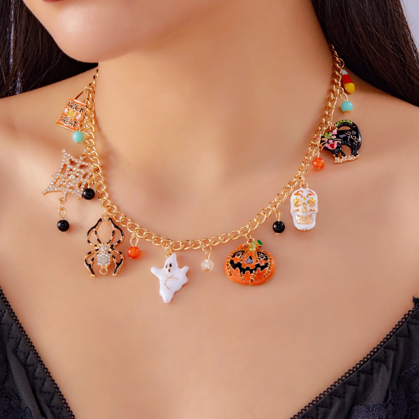 Exaggerated Halloween Ghost Pumpkin Pendant Necklace For Women Shiny Zircon Spider Web Skull Charm Bracelet Party Jewelry Gifts