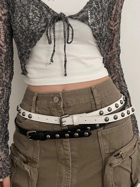 Women's American Vintage Belt 2025 New Casual Rivet Thin Leather Belt Punk Style Metal Rock Unique Versatile