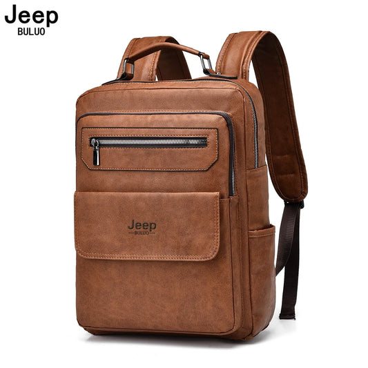 JEEP BULUO Men's 15.6" Leather Laptop Backpack Waterproof Urban School Bag