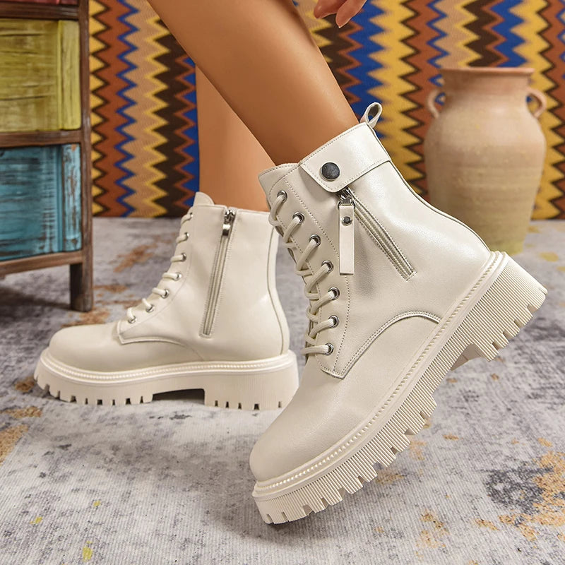 Black Pu Leather Motorcycle Boots Women 2025 Fashion Lace Up Platform Ankle Boots Woman Plus Size 42 Zipper Gothic Shoes Female