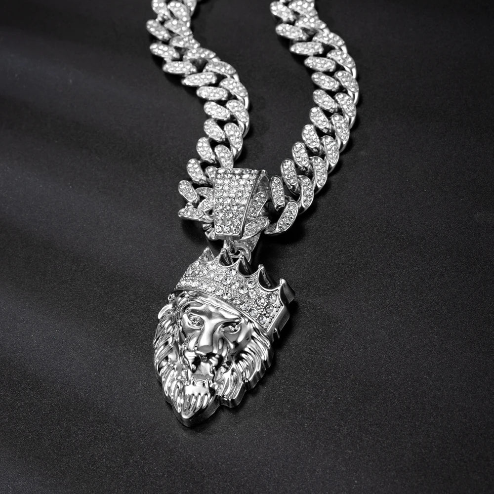 Men's Hip Hop 3D Crown Lion Head Pendant Necklace, with 13mm Cuban Chain  Animal Lion Head Rock Necklaces Fashion Punk Jewelry