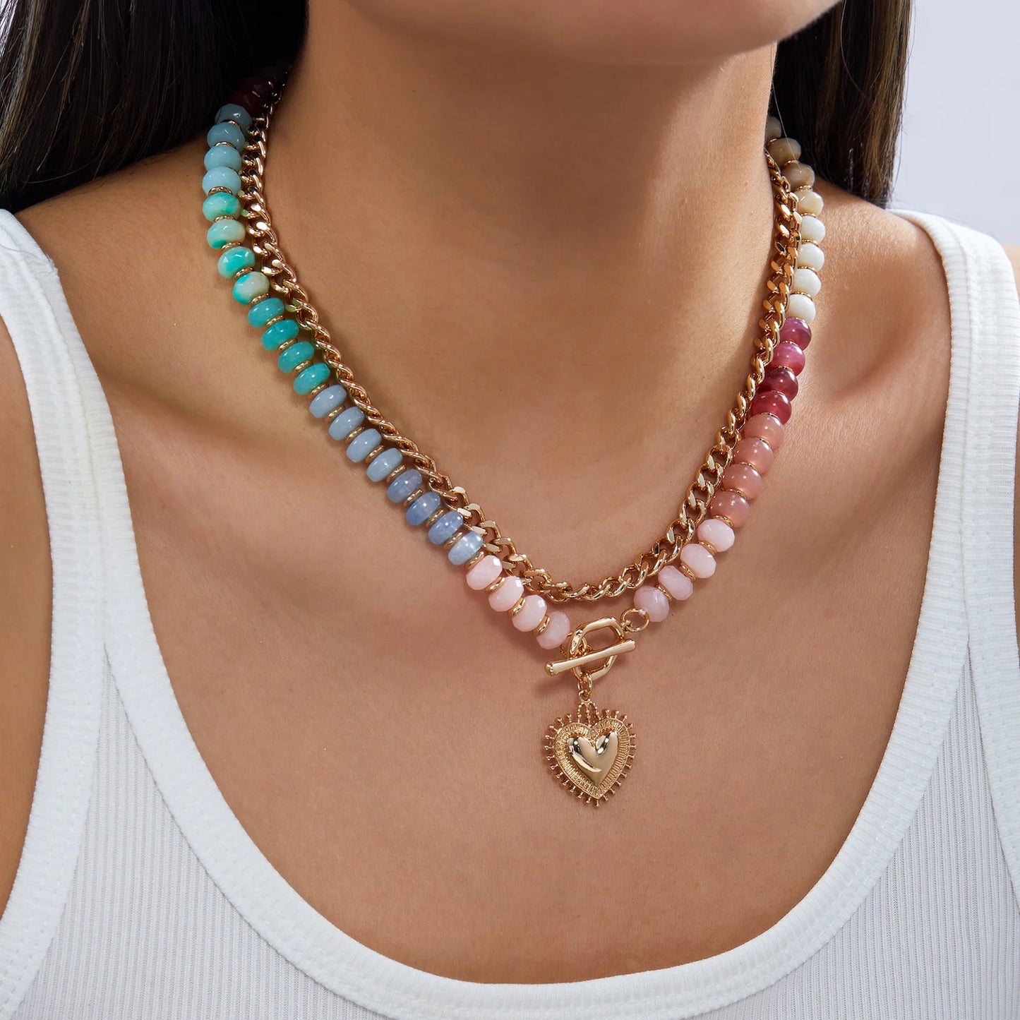 Y2K Dopamine Colorful Beaded Heart Necklace for Women Half Chain Half Bead Chunky Choker Pendant Necklace Statement Jewelry