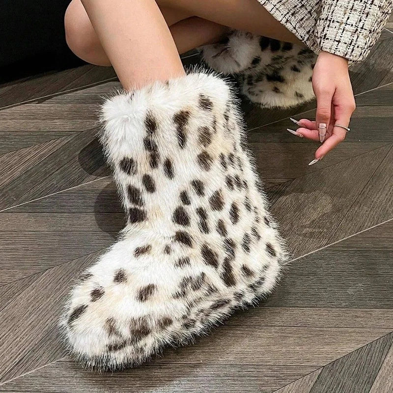 Fashion Leopard Fuzzy Faux Fur Snow Boots Women 2025 Slip On Anti Slip Winter Boots Woman Thick Sole Warm Plush Short Booties