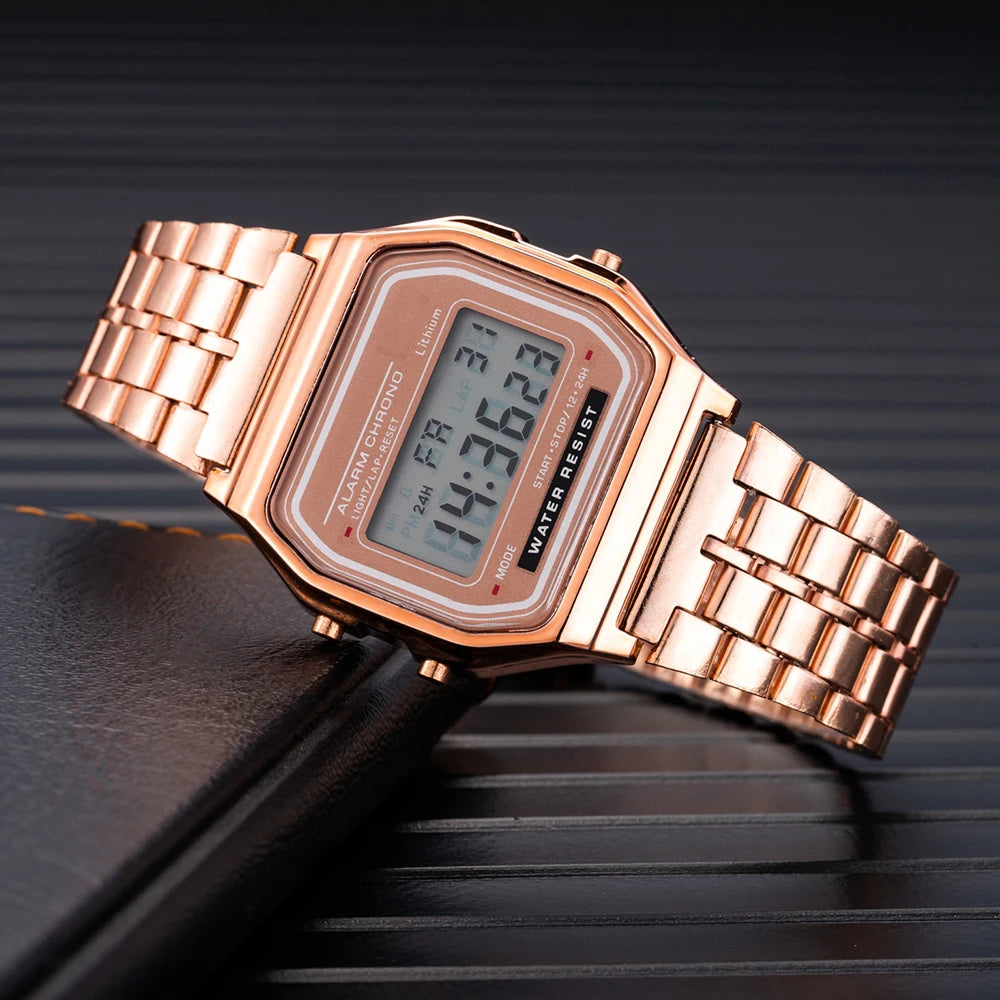 Women Men Sports Waterproof Bracelet Clock Gold Electronic LED Casual Wristwatch