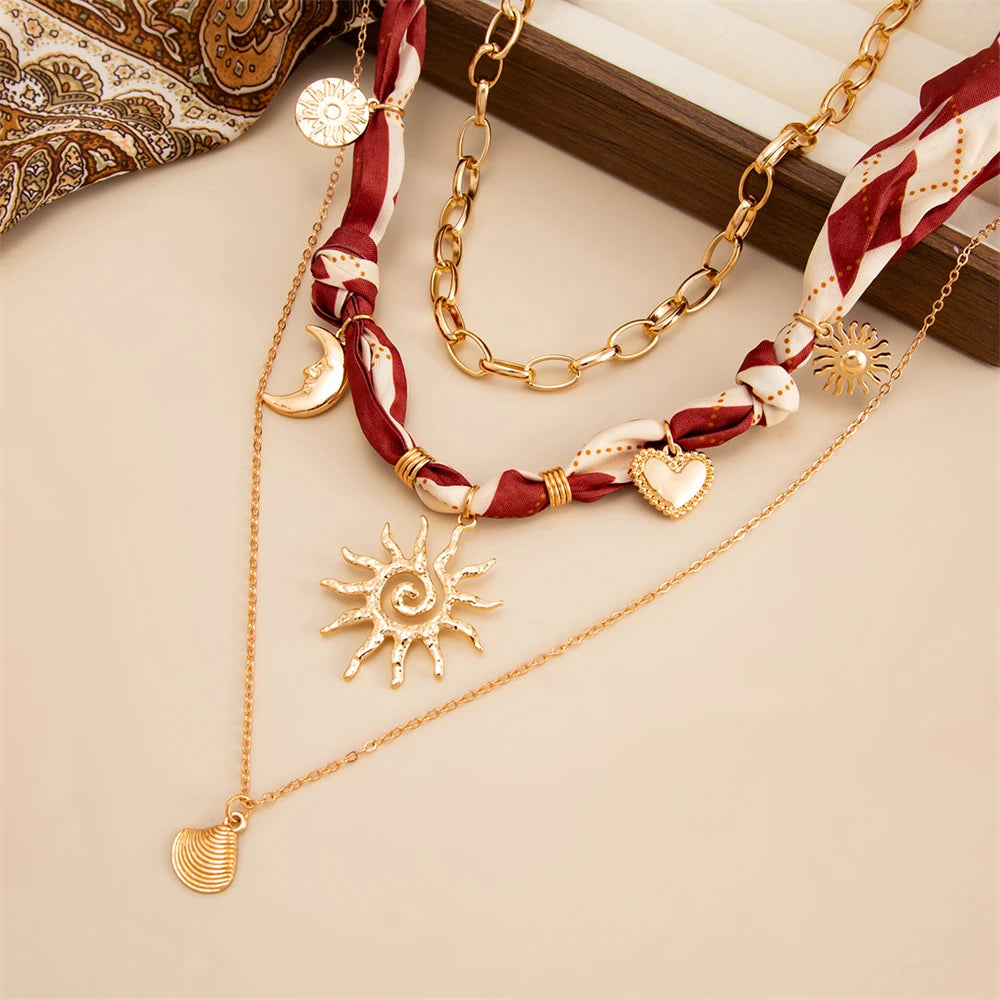 3Pcs Vacation Style Sun Shell Pendant Necklace Set Boho Ribbon Scarf Choker Layered Chain Summer Beach Jewelry Women