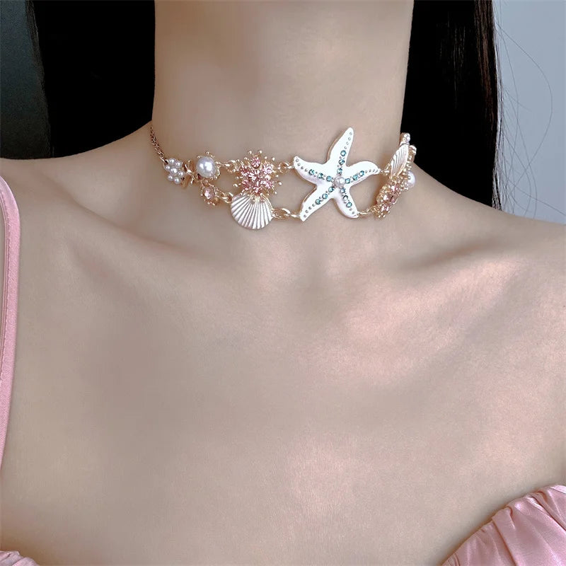 Exaggerated Colorful Shell Starfish Pendant Necklace for Women Summer Beach Party Pearl Rhinestone Choker Necklace Y2K Jewelry