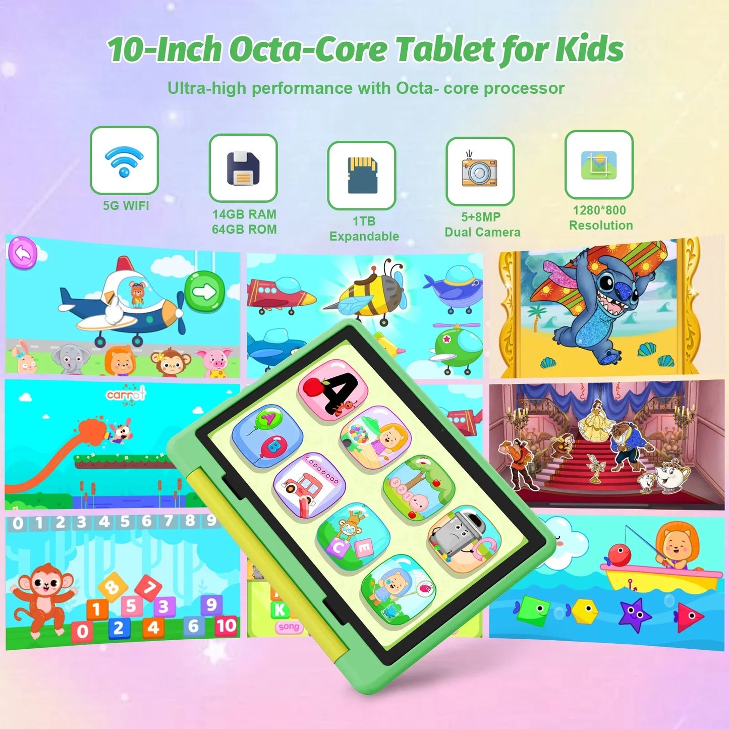 URAO 10" Kids Tablet, Octa-Core, 14GB RAM, 64GB ROM, 1TB Exp, w/ Case, Ages 3+