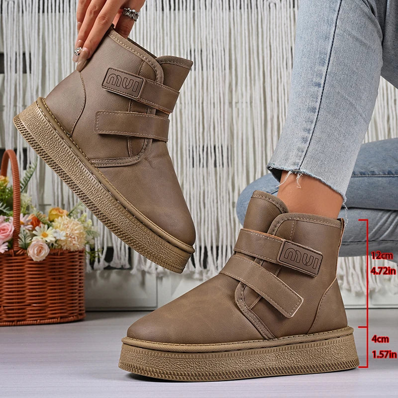 Hook Loop Pu Leather Platform Snow Boots Women Thick Bottom Warm Plush Ankle Boots Woman Comfot Anti Slip Winter Booties Mujer