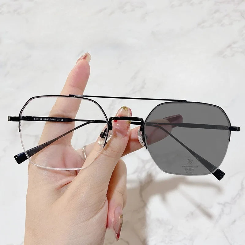 Photochromic Anti Radiation Half Frame Glasses for Women Men Transition Rectangle Eyeglasses Computer Anti Blue Eyewear