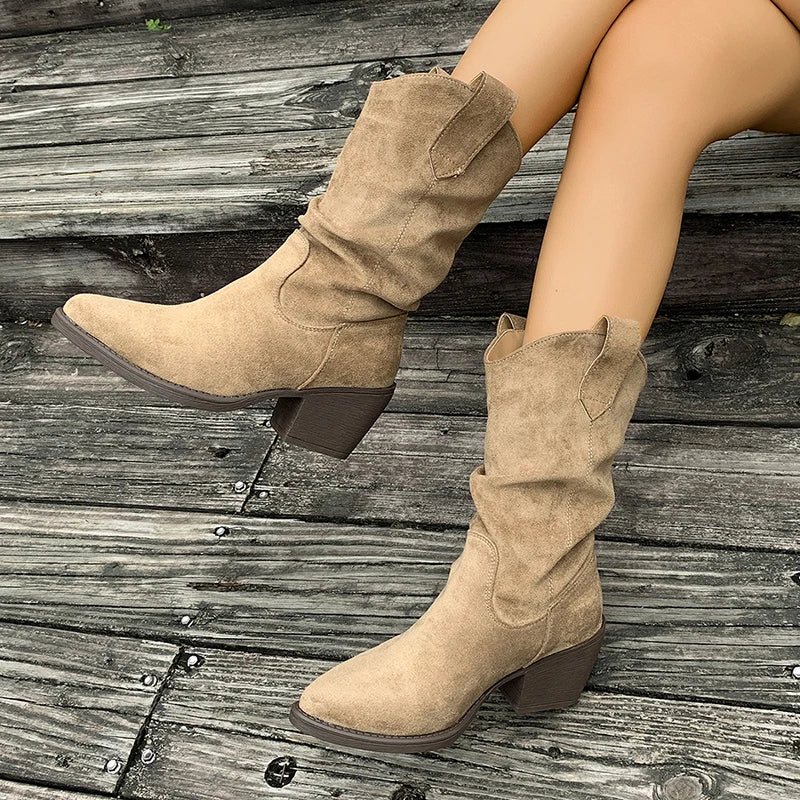 Brown Pointed Toe Thick Heels Western Boots Women Plus Size 43 Slip On Mid Calf Boots Woman Wide Leg Pleated Flock Botas Mujer