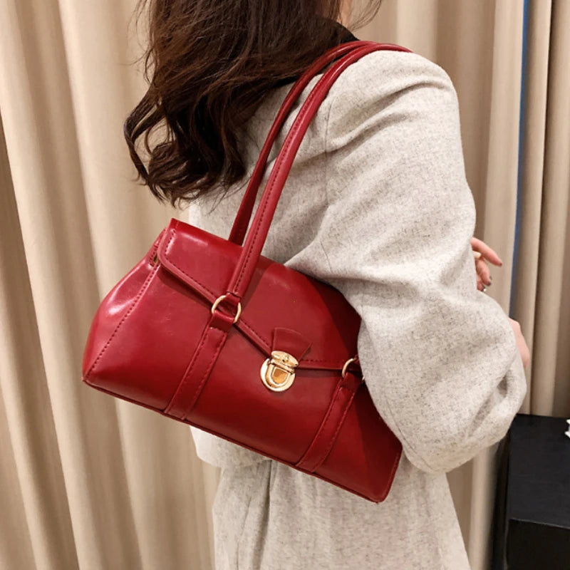 England Style Retro Shoulder Bags High-Grade Sense Underarm Tote Bag Vintage Red Ladies Commuter Bag PU Leather Handbag Purse