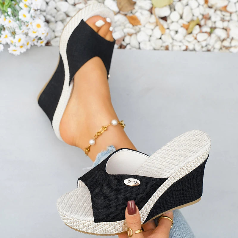 Plus Size 42 Chunky Platform Slippers Women 2026 Summer Slip On Wedge Heel Sandals Woman Fashion Peep Toe Thick Sole Sandalias