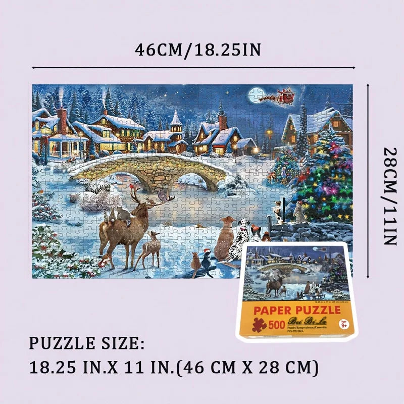 500pcs Christmas Town Jigsaw Puzzle Lively Festive Scene Finished Size 18x11 Inches Perfect Holiday Gift for Adults & Family Fun