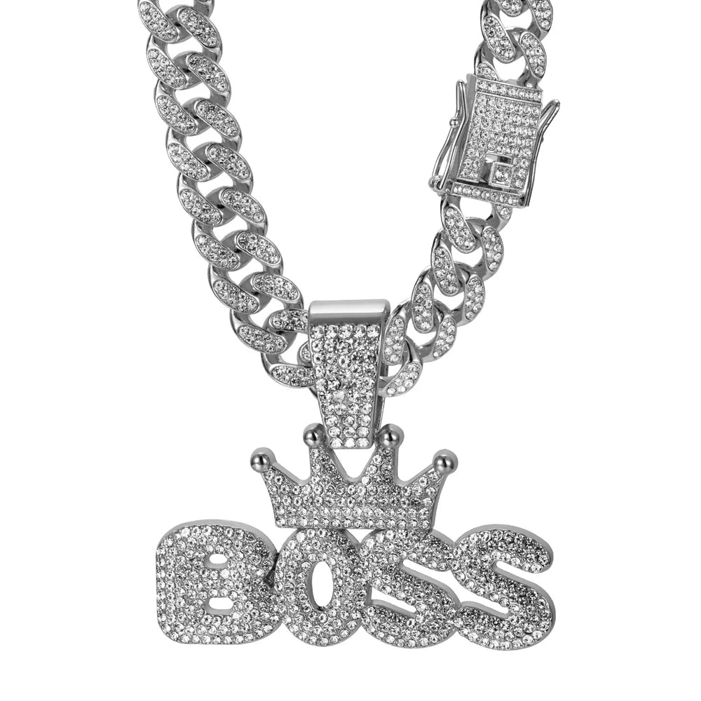 Men's Cool Hip-hop Rhinestone Letter BOSS Pendant Necklace, For Men Fashion Iced Out Bling Zircon Cuban Thick Chain Punk Jewelry