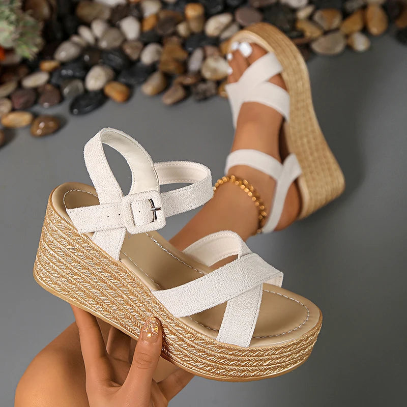 Cross Band Chunky Platform Sandals Women 2025 Plus Size High Heeled Sandals Woman Ankle Buckle Summer Wedges Sandalias Mujer 42