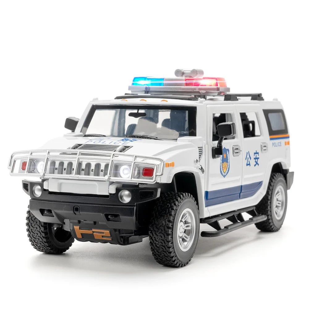 1/24 H2 Police Toy Model Car Alloy Diecast 6 Doors Opened with Sound Light Pull Back Rubber Tire Off-road Vehicles for Kid Gifts