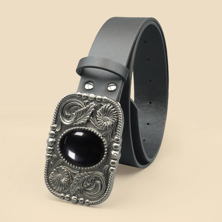 Retro Black Turquoise Inlaid Women's Belt, Western Denim Style, Niche Women's Belt, Carved Black Gemstone Belt
