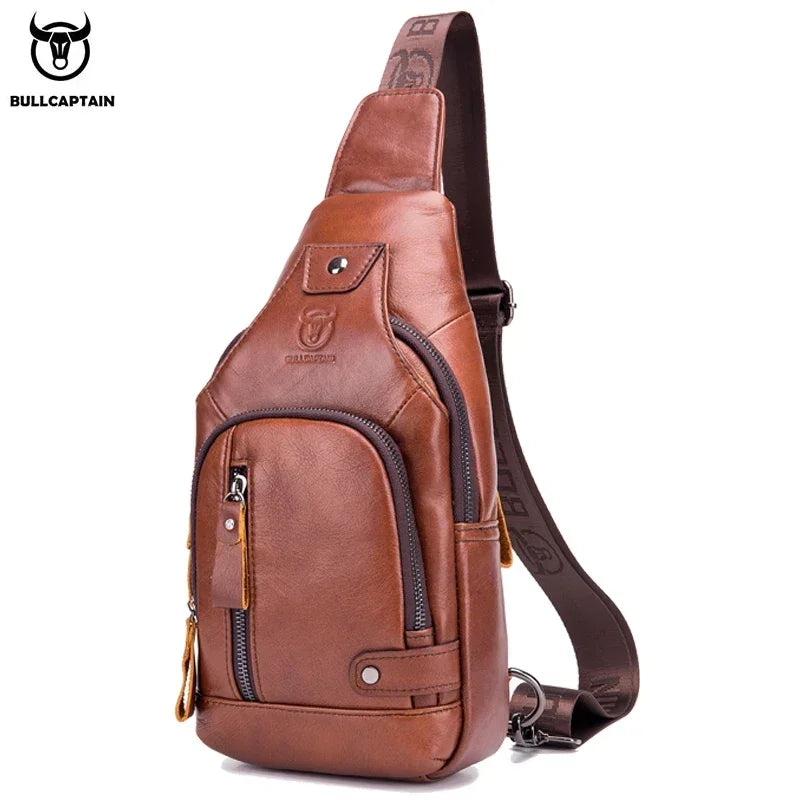 BULLCAPTAIN Leather Men's Chest Pocket One Crossbody Bags With USB Rechargeable Chest Bag Can Be Used For 7.9 Inch IPai Pockets