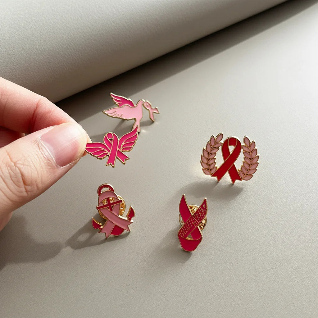 5pcs Pink Ribbon Enamel Pins Set, Breast Cancer Awareness Gifts for Women, Support Survivor Fighter Brooch Badges