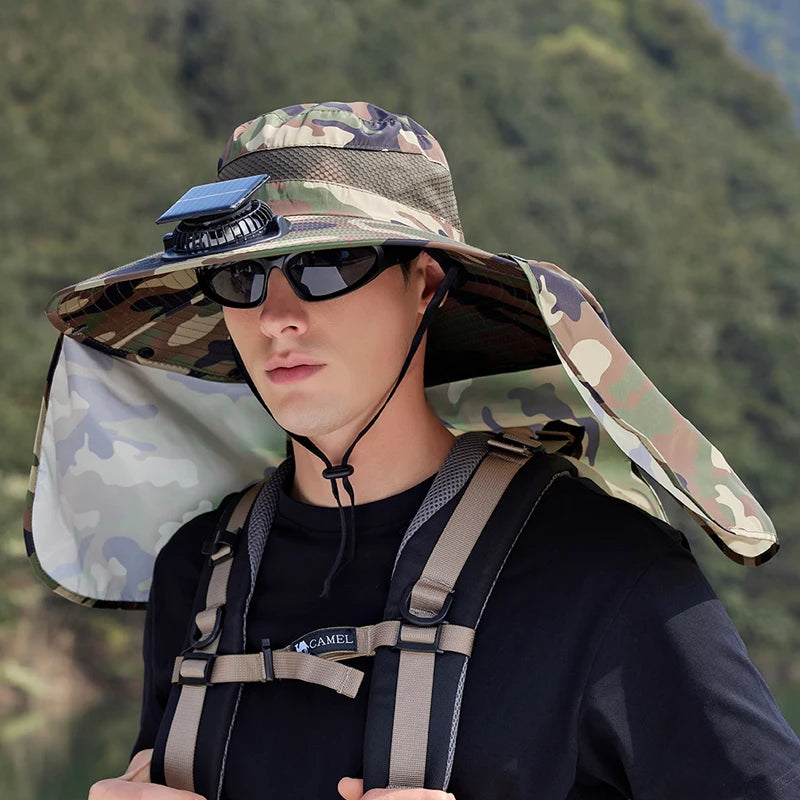 9208-1Men's sun hat 1Solar fan fishing hat, wide-brimmed sunhat outdoor summer camping, beach use, Type-c and solar power supply