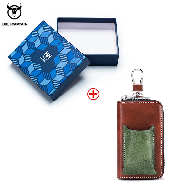 BULLCAPTAIN Men's Genuine Leather Key Case New Home Car Key Clip Men's Leather Key Case Mini Practical Key Chain Zipper Key Case