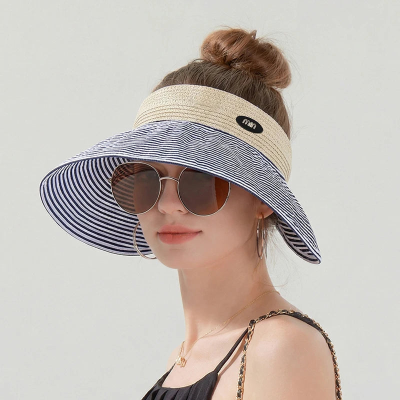 6175-New summer women's wide-brimmed hat - beach and sand grass-wovensunprotectionhat, versatile and fashionable striped top hat