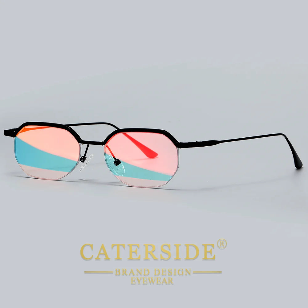 CATERSIDE Retro Polygon Sunglasses Men Metal Semi Rimless Sun Glasses Uv400 Women Outdoor Protection Driving Decorative Eyewear