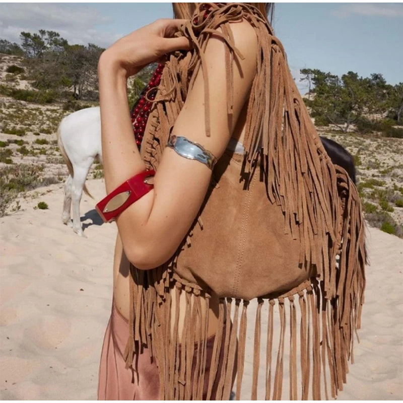 Brown Retro Tassel Women Armpit Bag Suede Design Dumpling Shoulder Bag W.Cowboy