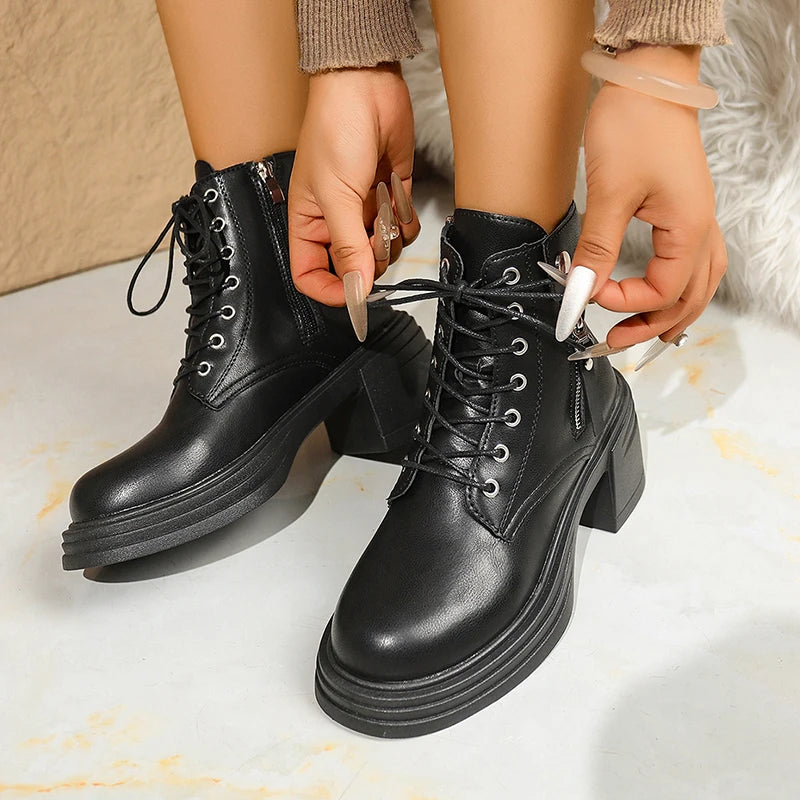 British Style High Heels Ankle Boots Women Plus Size 42 Lace Up Thick Heel Motorcycle Boots Woman Non Slip Pu Leather Botas