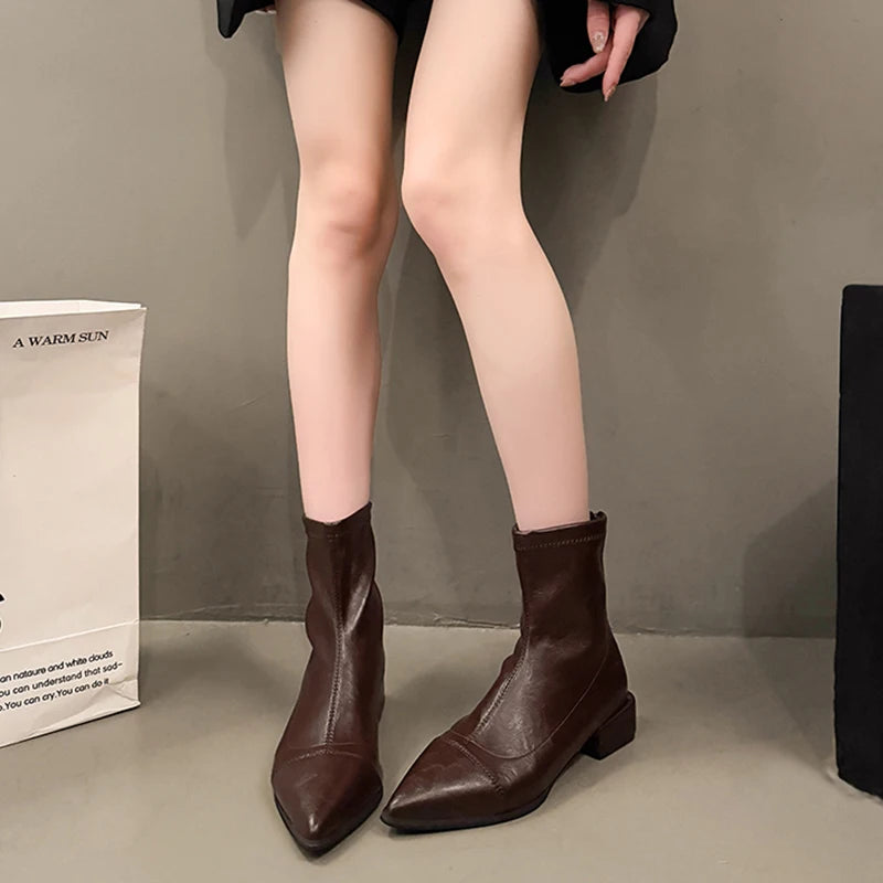Brand Design Pointed Toe Ankle Boots Women Fashion Thick Heels Pu Leather Boots Woman Plus Size Zipper Block Heel Short Booties