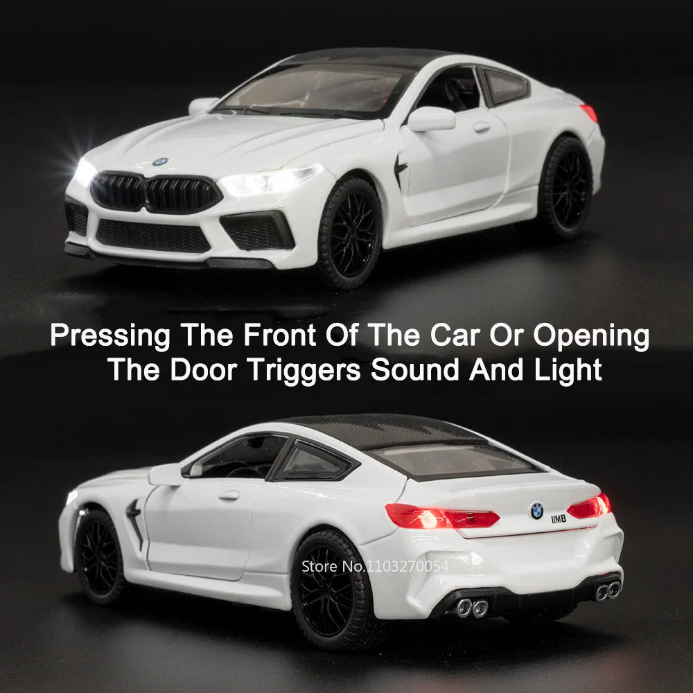 1/32 M8 Miniature Alloy Diecast Toys Car Model Sports Cars 4 Door Can Opened Sound Light Pull Back Vehicle Kids Festival Gift