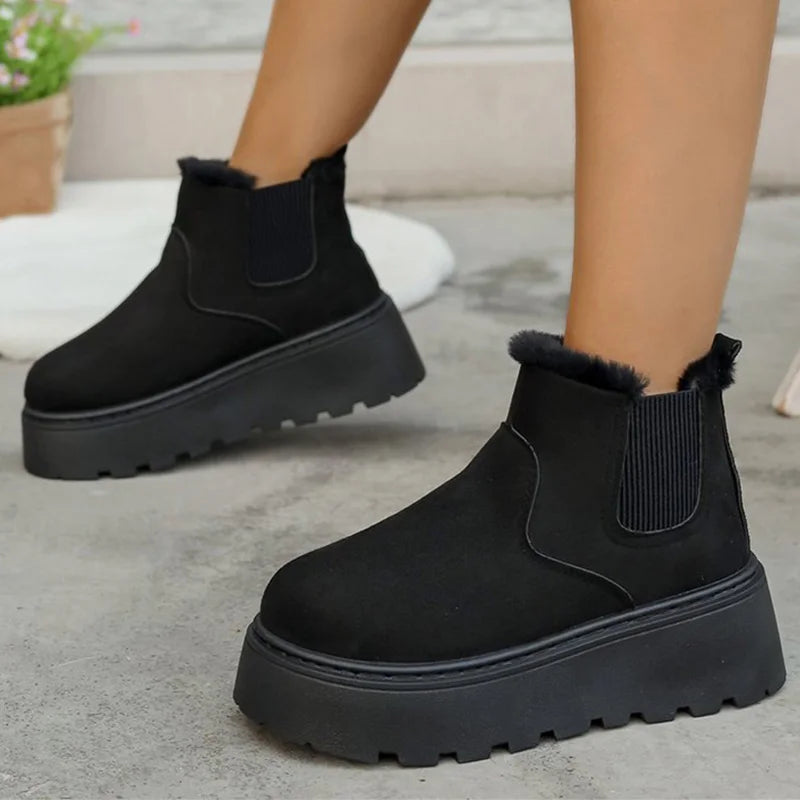 British Style Solid Color Platform Snow Boots Women Winter Soft Short Plush Warm Ankle Boots Woman Faux Suede Booties Female