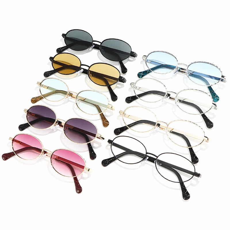 JNPCXI New Metal Oval Sunglasses Women Fashion Pink Candy Color Shades UV400 Retro Punk Men Outdoor Sun Glasses