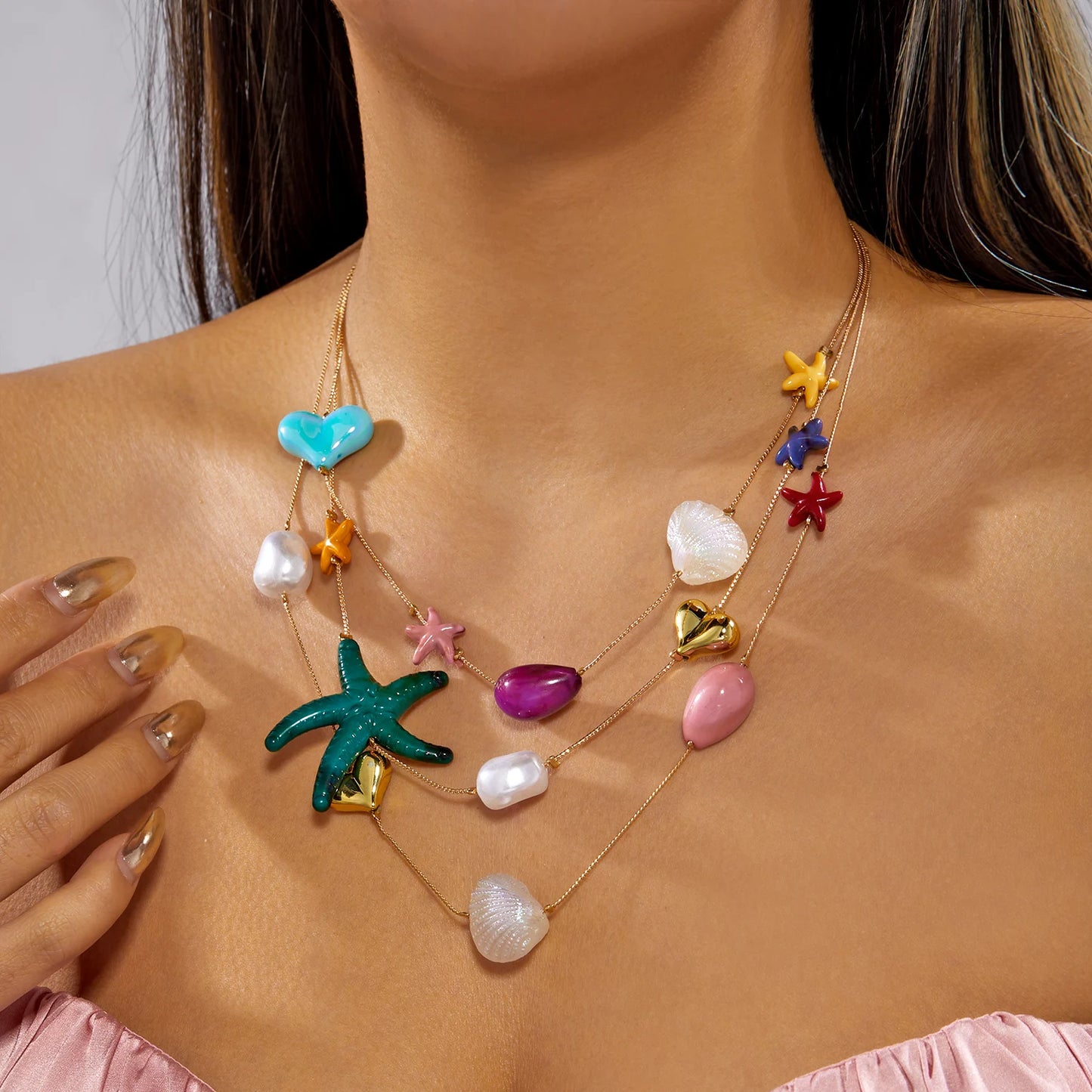 Boho Tropical Beach 3 Layer Necklace for Women Gold Color Colorful Resin Starfish Heart Shell Summer Vacation Jewelry