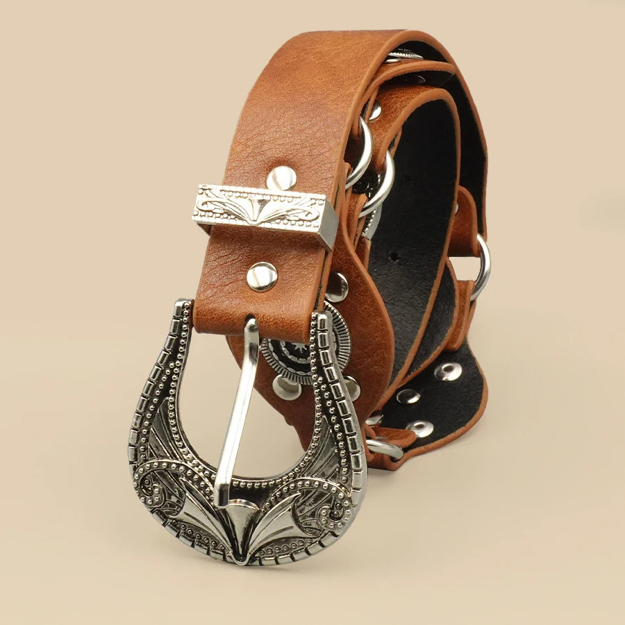Brown Bohemian Vintage Women's Belt - Carved Rivet Design, Versatile for Daily, Date & Casual Wear