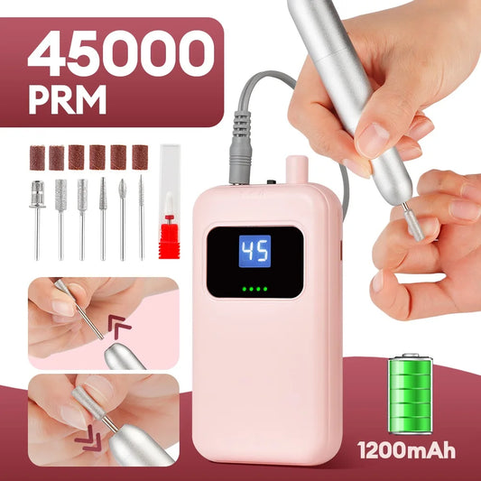45000RPM Wireless Use Nail Drill Machine 1200mAh Nail Drill Milling Sander Nail Art Manicure Grinder Nail Polisher Cutter Kit