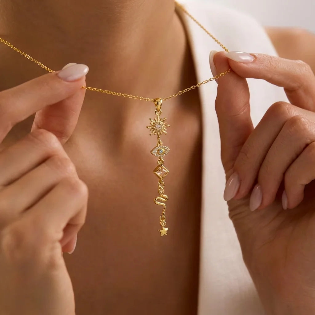 Celestial Mystical Gold Tone Necklace for Women Copper Stainless Steel Chain Sun Evil Eye Snake Tassel Boho Daily Jewelry Gift