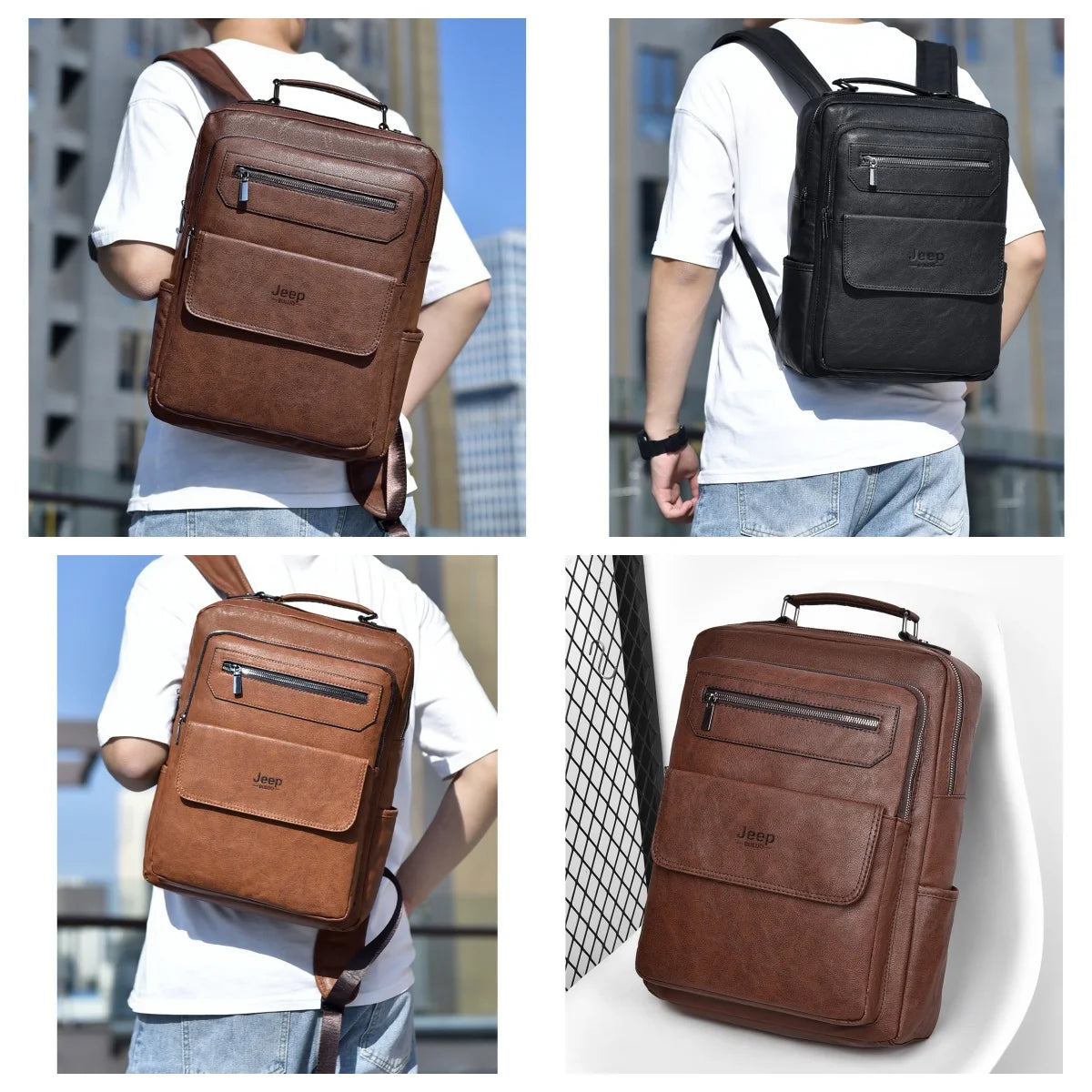 JEEP BULUO Men's 15.6" Leather Laptop Backpack Waterproof Urban School Bag