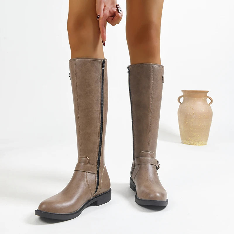 Metal Buckle Pu Leather Keen High Boots Women 2026 Autumn Side Zipper Platform Long Boots Woman Plus Size 43 Fashion Botas Mujer