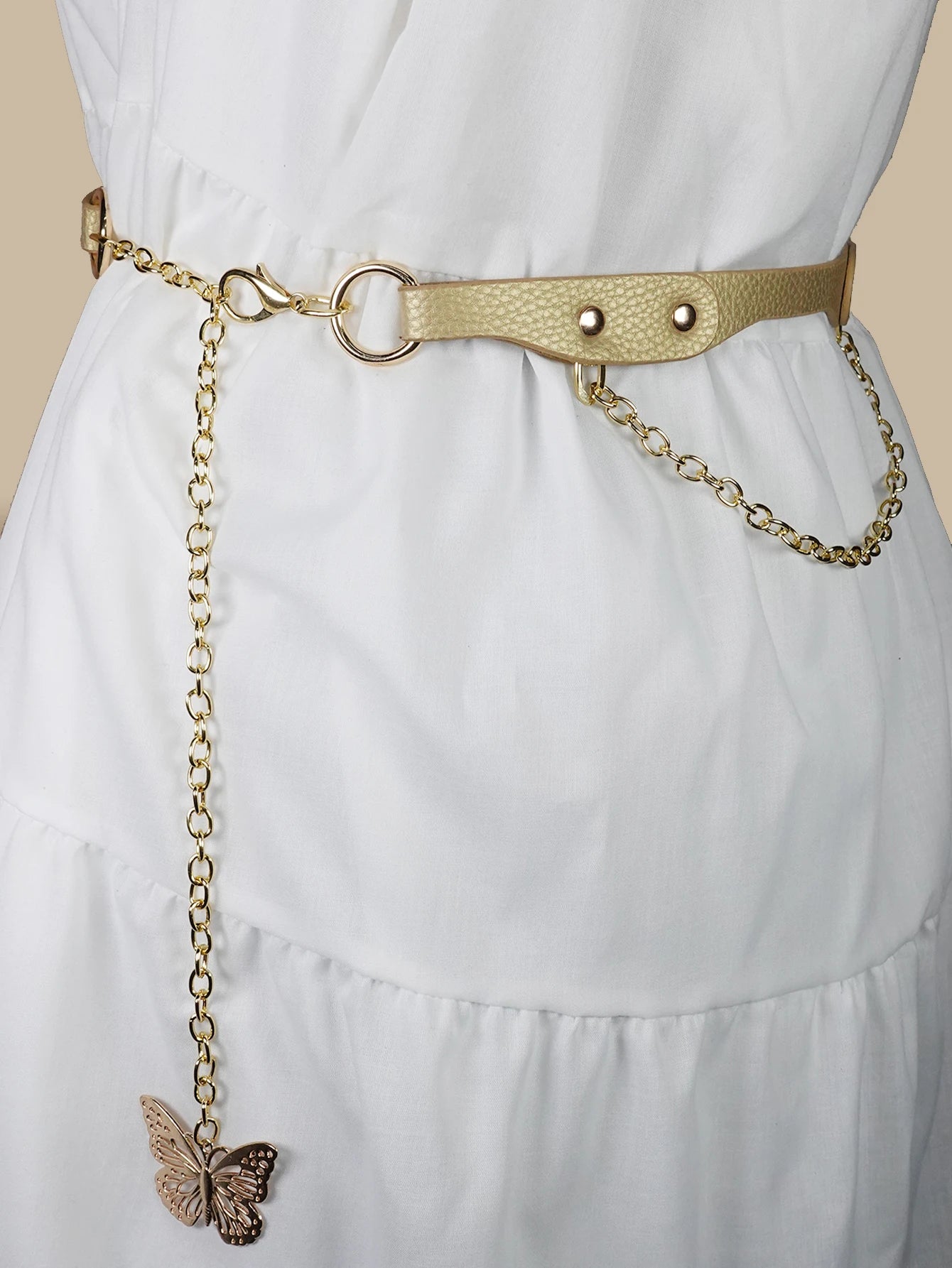 Y2K Vintage Women's Waist Chain - Metal Ring & Antique Butterfly Rivet Belt for Dresses, Festivals & Casual Styling
