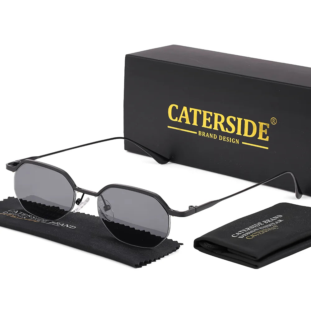 CATERSIDE Retro Polygon Sunglasses Men Metal Semi Rimless Sun Glasses Uv400 Women Outdoor Protection Driving Decorative Eyewear