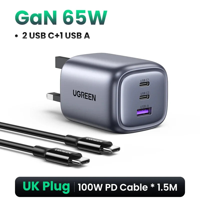 UGREEN UK Plug GaN 100W 65W Fast Charger QC 4.0 3.0  for Macbook Air Tablet iPhone 17 16 15 Pro Max Xiaomi USB Type C PD Charger