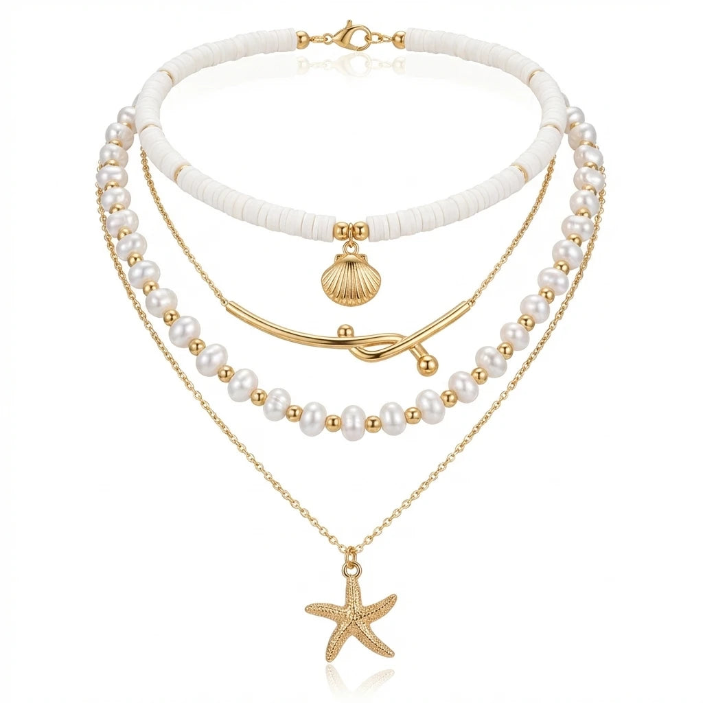 4Pcs/Set Pearl Starfish Shell Necklace Set Bohemian Summer Ocean Multi-layer Pendant Jewelry