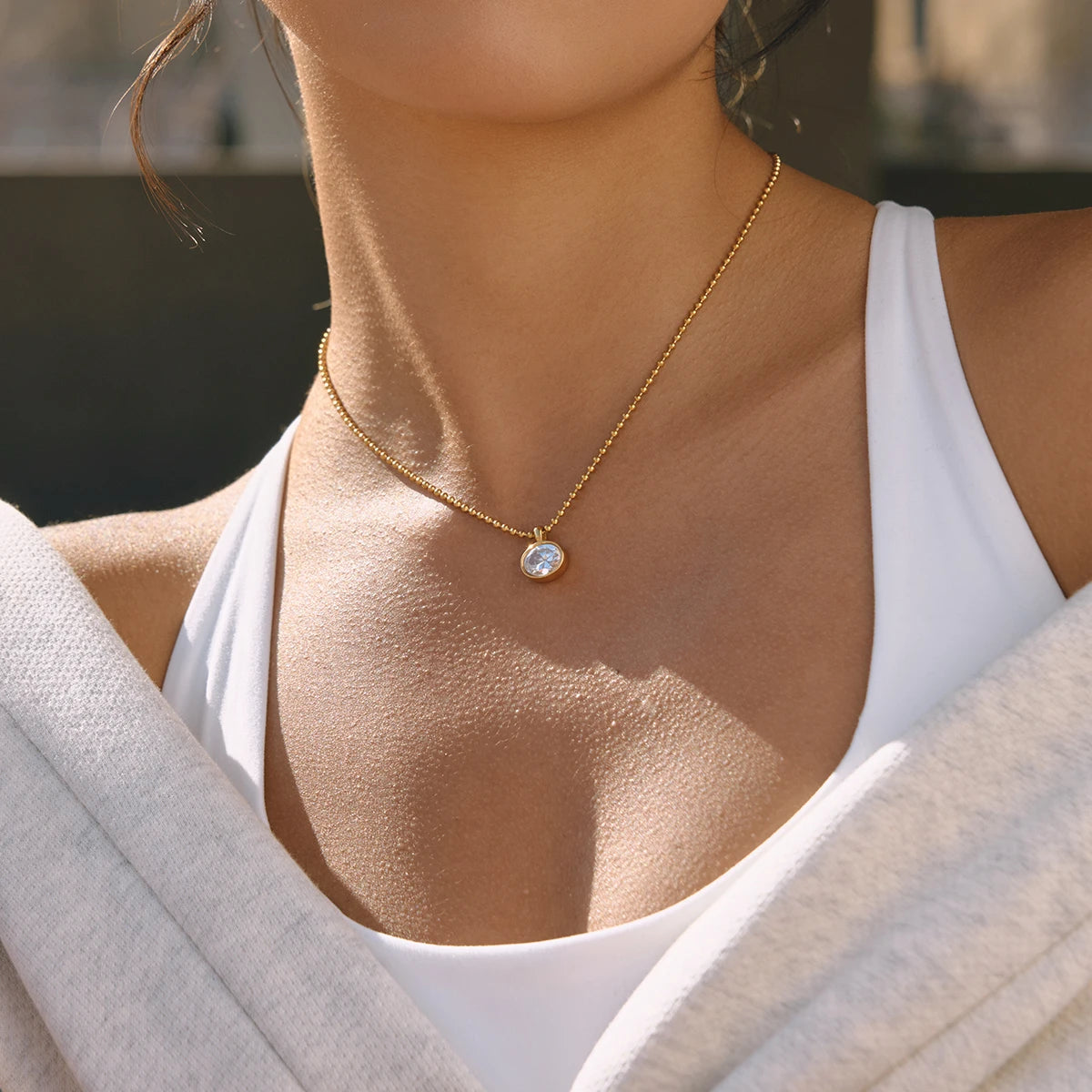 Uworld Classic Geometric waterdrop shape White Zircon Necklace With Bead Chain Women 18K Gold Plated Stainless Steel Necklaces