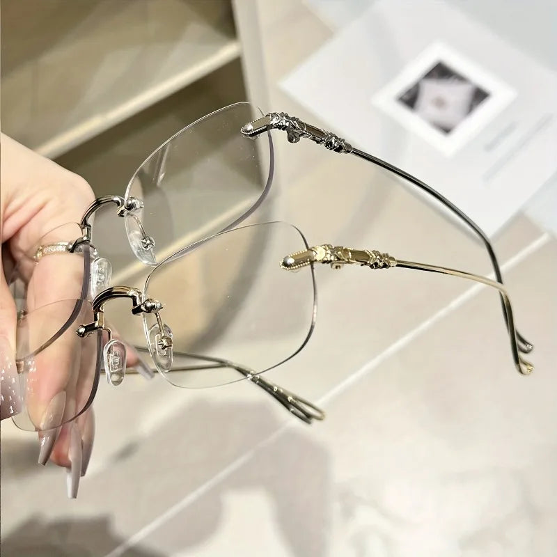 2PCS Transparent Rimless Eyeglasses Women Blue Light Blocking Glasses Designer Retro Shade Eyewear UV400 Silver Computer Glasses