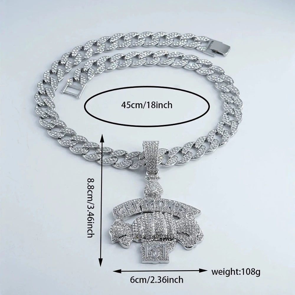 New Hip Hop Style Letter GET MONEY & Money Bag Pendant Necklace with 15MM Cuban Chain Men Candy Necklaces Rapper Hip Hop Jewelry