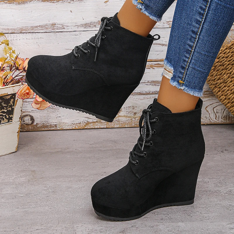 Fashion Lace Up Wedge Boots for Women Plus Size 35-42 Chunky Platform Ankle Boots Woman Autumn Winter Faux Suede Short Booties