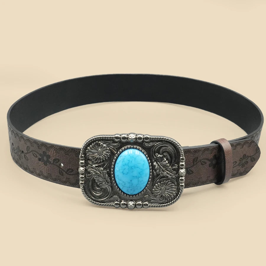 Brown Vintage Western Women's Belt - Carved Blue Turquoise Buckle, Versatile for Dresses, Jeans & Shirts
